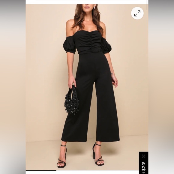 Lulu's Impress Release Black Off-the-Shoulder Puff Sleeve Jumpsuit - Picture 1 of 8